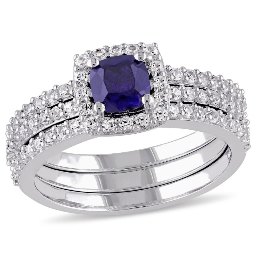 Lab Created Created Blue Sapphire and Created White Sapphire Bridal Ring Set in Sterling Silver