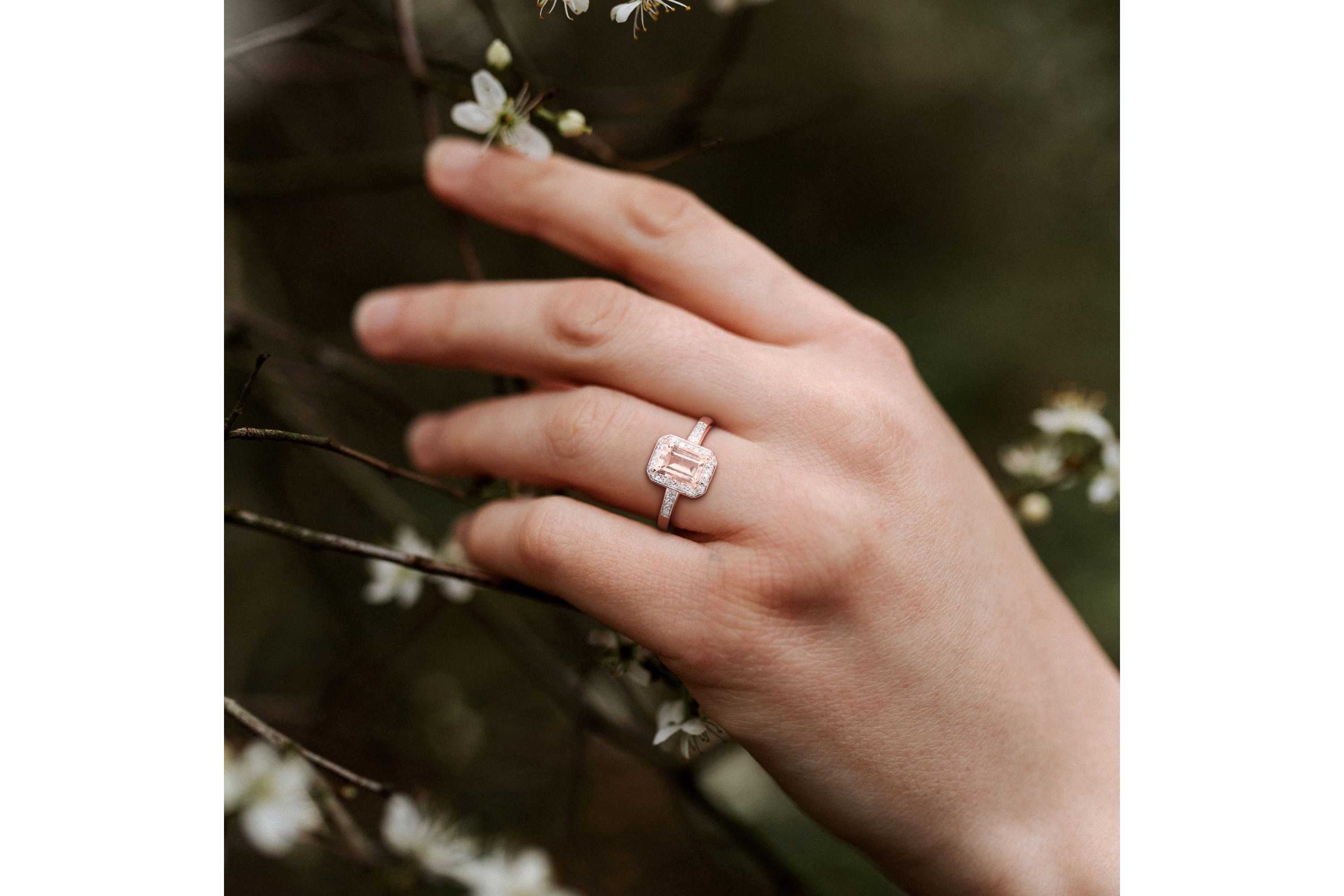 Morganite and Diamond Accent Halo Ring in Rose Plated Sterling Silver