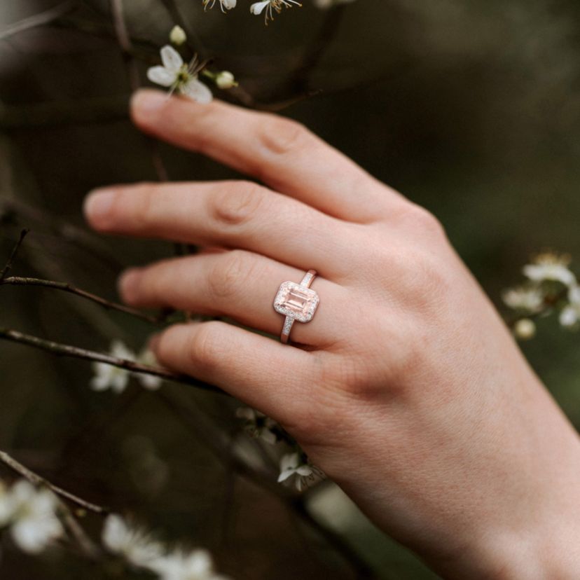 Morganite and Diamond Accent Halo Ring in Rose Plated Sterling Silver