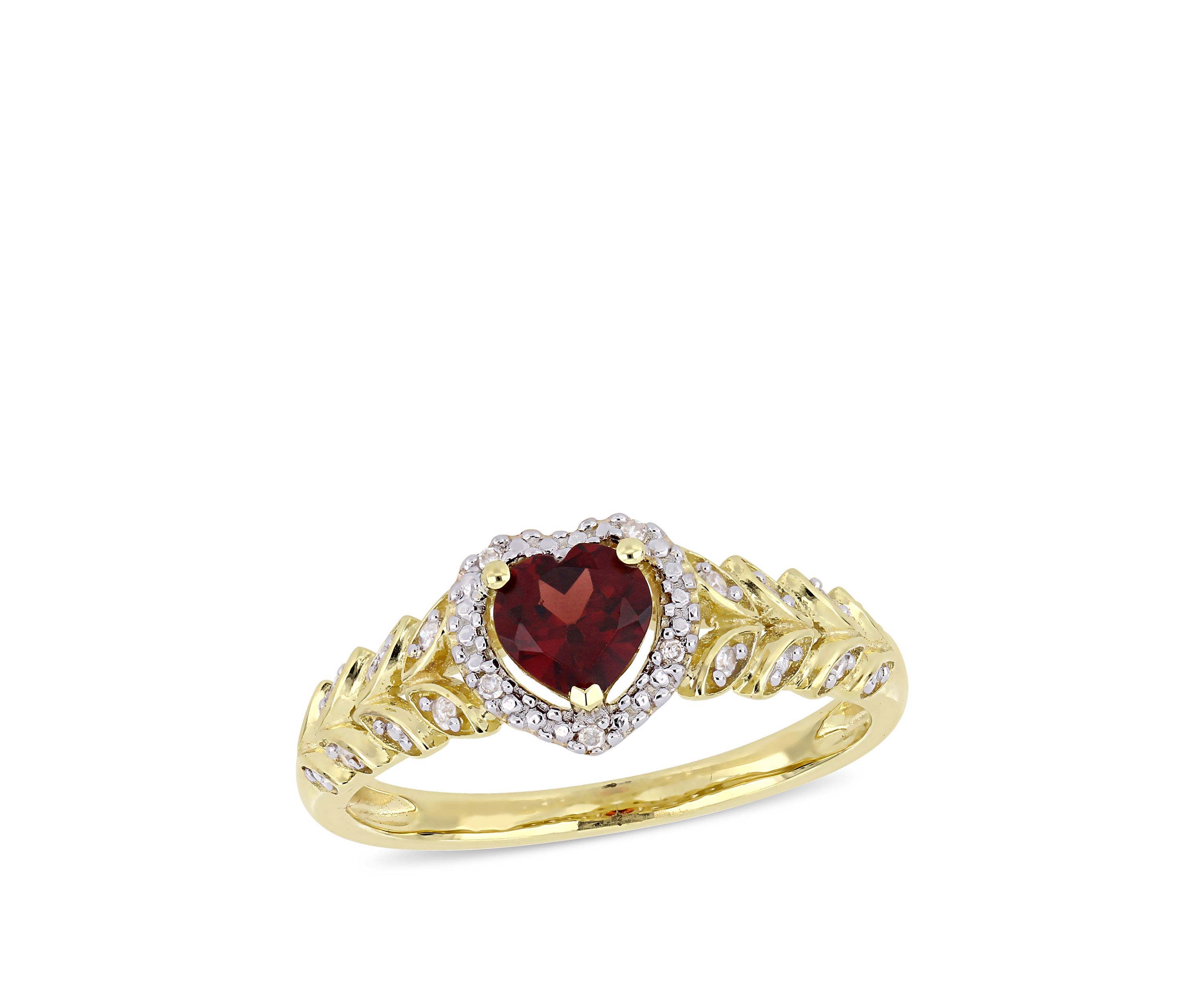 1/2 ct. t.w. Garnet and 0.06 ct. t.w. Diamond Halo Heart Ring in 10K Yellow Gold