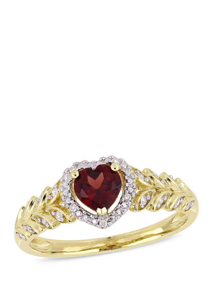 1/2 ct. t.w. Garnet and 0.06 ct. t.w. Diamond Halo Heart Ring in 10K Yellow Gold