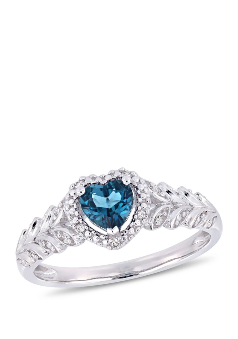 1/2 ct. t.w. London-Blue Topaz and 0.06 ct. t.w. Diamond Halo Heart Ring in 10k White Gold