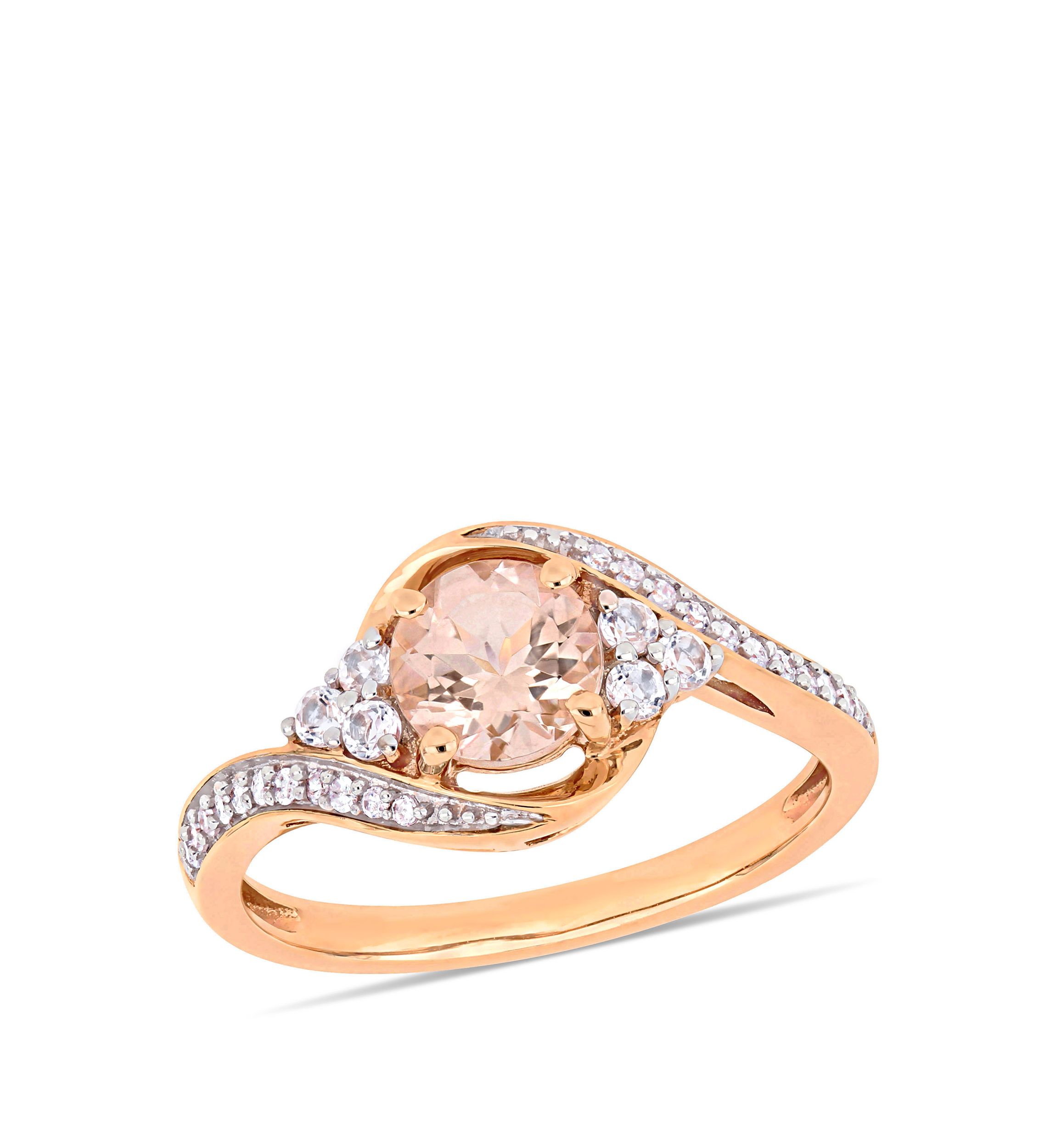 1 1/10 ct. t.w. Morganite, White Topaz and 1/10 ct. t.w. Diamond Crossover Ring in 10k Rose Gold