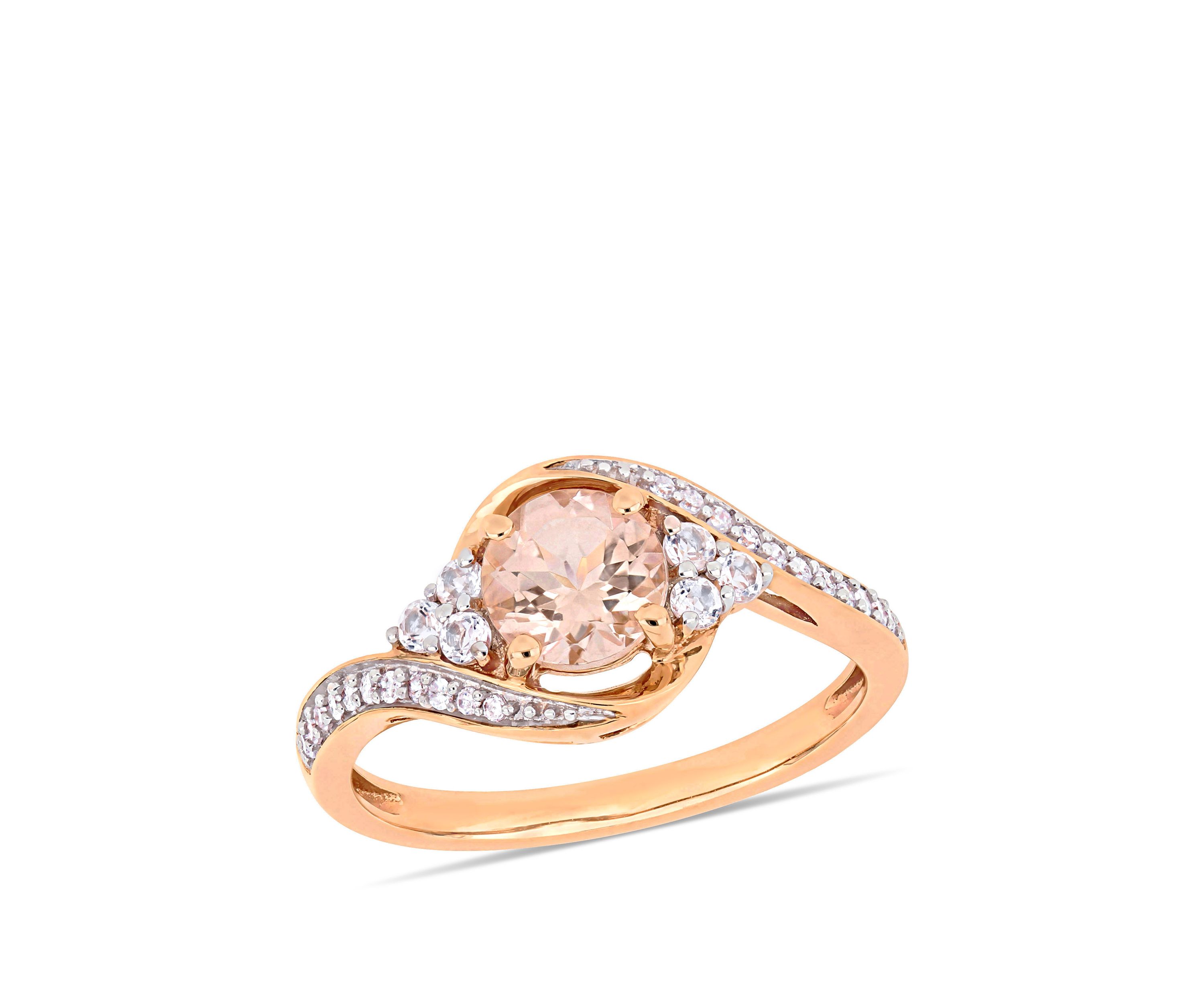 1 1/10 ct. t.w. Morganite, White Topaz and 1/10 ct. t.w. Diamond Crossover Ring in 10k Rose Gold