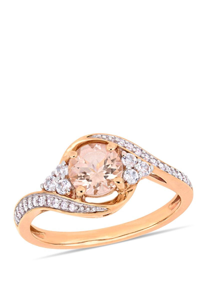 1 1/10 ct. t.w. Morganite, White Topaz and 1/10 ct. t.w. Diamond Crossover Ring in 10k Rose Gold