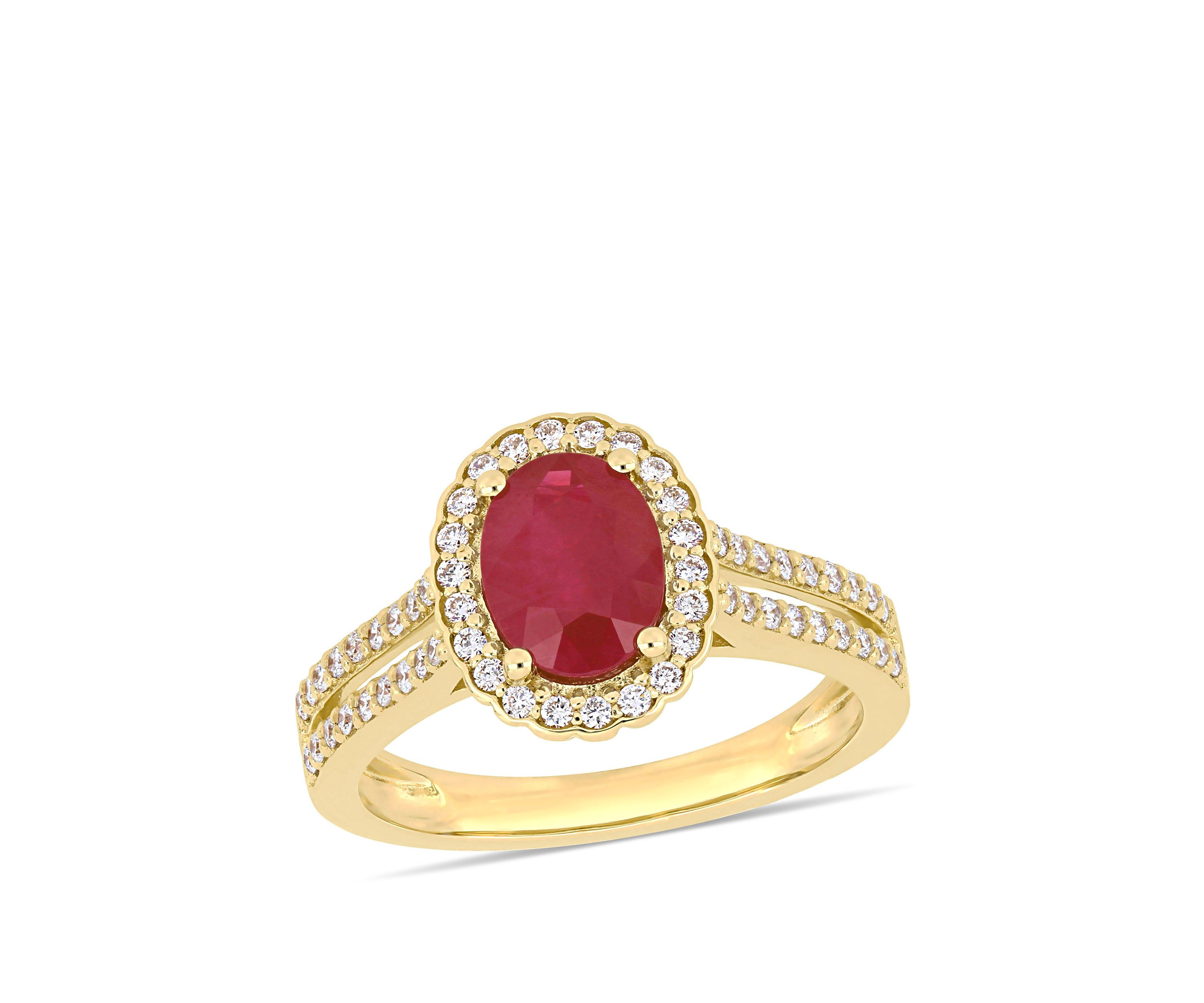 1.38 ct. t.w. Oval Ruby and 1/3 ct. t.w. Diamond Floral Halo Double Row Ring in 14k Yellow Gold
