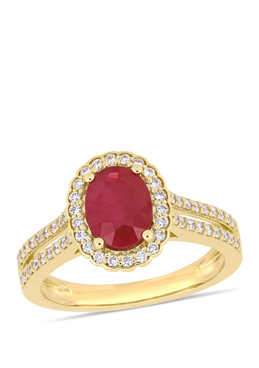 1.38 ct. t.w. Oval Ruby and 1/3 ct. t.w. Diamond Floral Halo Double Row Ring in 14k Yellow Gold