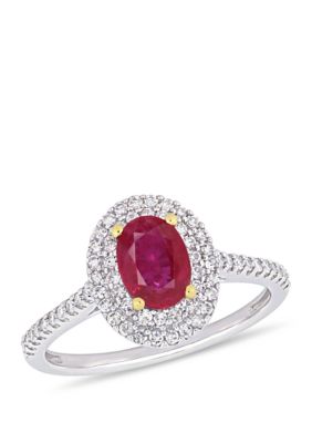 Belk & Co 7/8 ct. t.w. Oval Ruby and 1/3 ct. t.w. Diamond Double Halo Ring in 14k Two-Tone White & Yellow Gold, 6