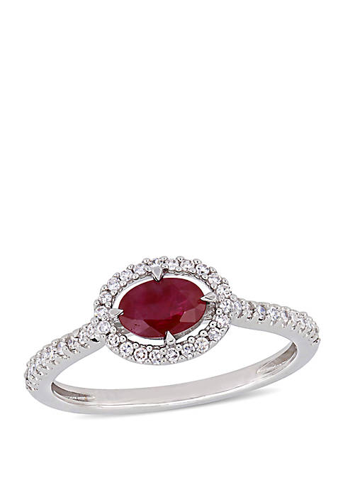 3/5 ct. t.w. Oval Ruby and 1/5 ct. t.w. Diamond Halo Ring in 14K White Gold