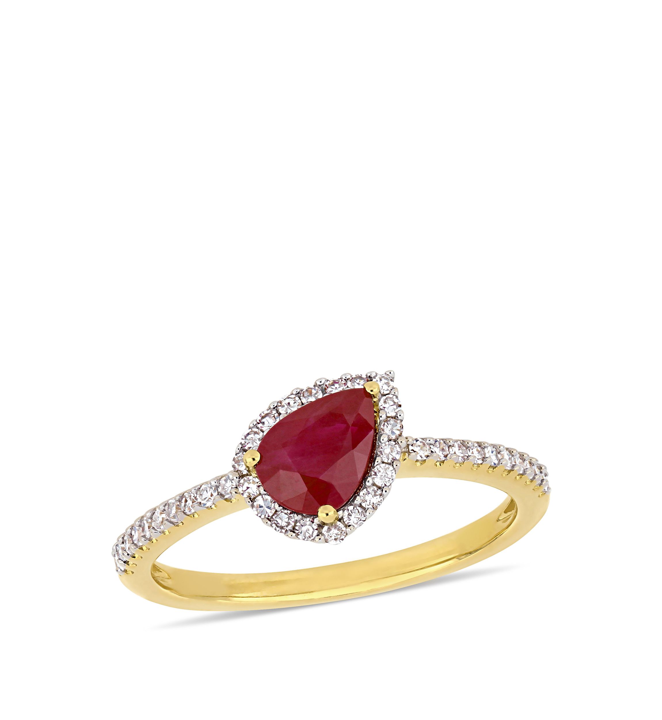 7/8 ct. t.w. Ruby and 1/5 ct. t.w. Diamond Tilted Teardrop Halo Ring in 14K Yellow Gold