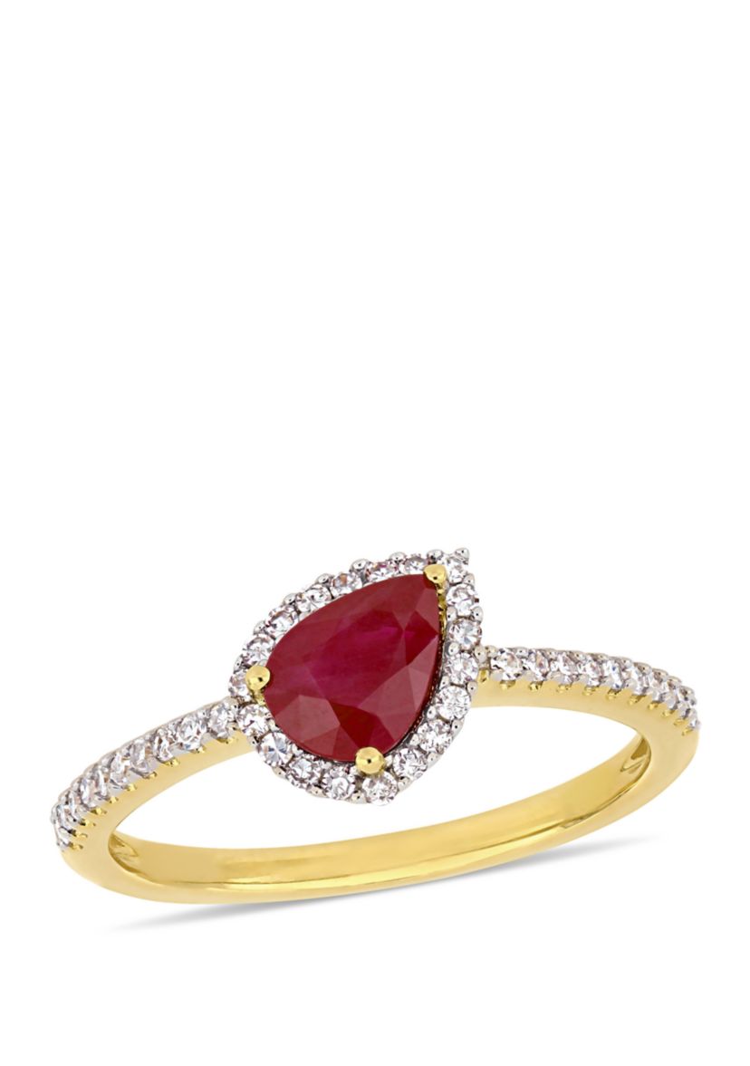 7/8 ct. t.w. Ruby and 1/5 ct. t.w. Diamond Tilted Teardrop Halo Ring in 14K Yellow Gold