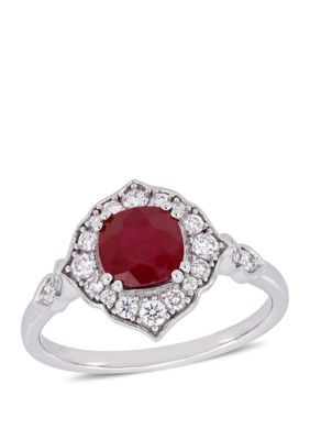 Belk & Co 1.25 ct. t.w. Ruby and 1/3 ct. t.w. Diamond Floral Halo Ring in 14K White Gold, Red, 7.5