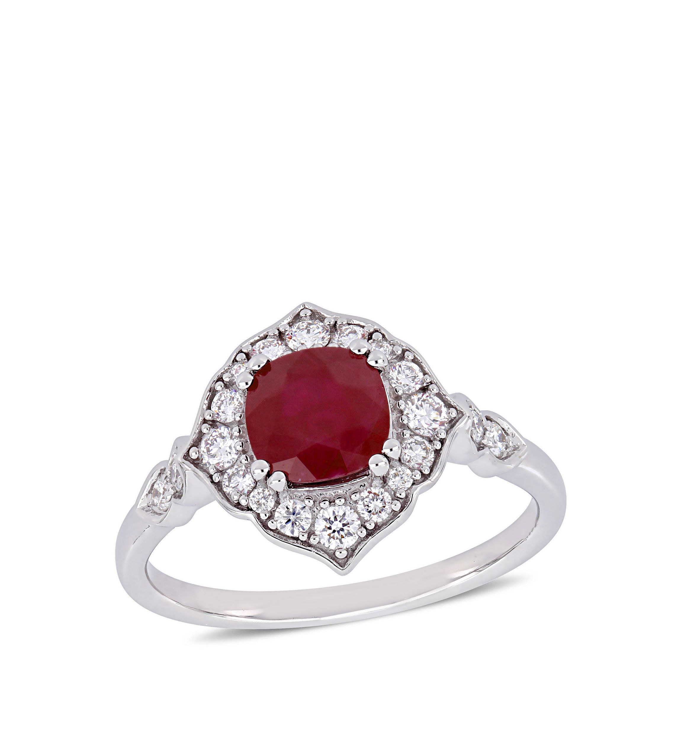1.25 ct. t.w. Ruby and 1/3 ct. t.w. Diamond Floral Halo Ring in 14K White Gold