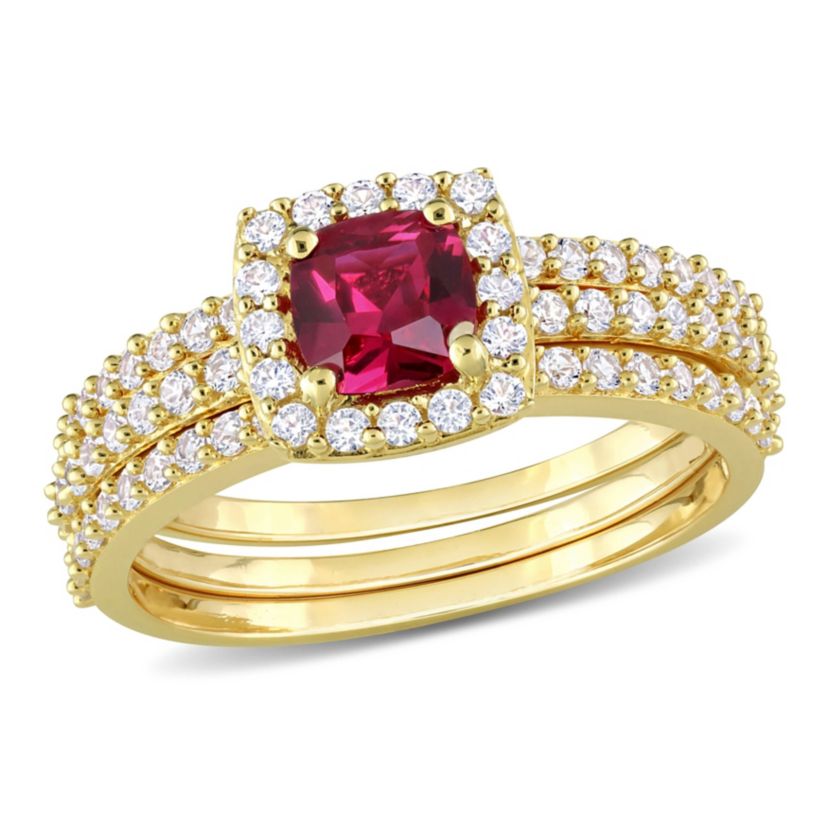 Lab Created Created Ruby and Created White Sapphire Bridal Ring Set in Yellow Plated Sterling Silver