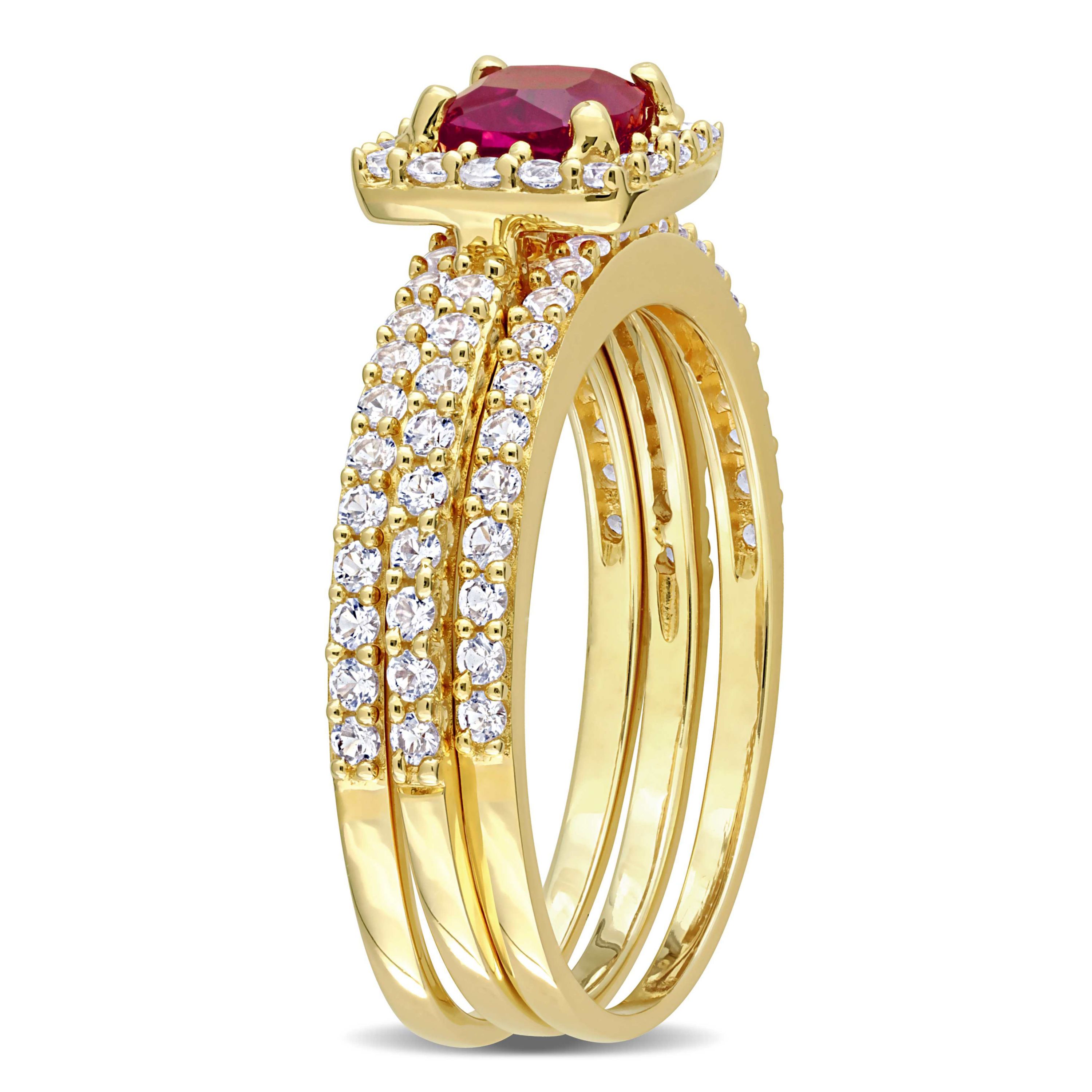 Lab Created Created Ruby and Created White Sapphire Bridal Ring Set in Yellow Plated Sterling Silver