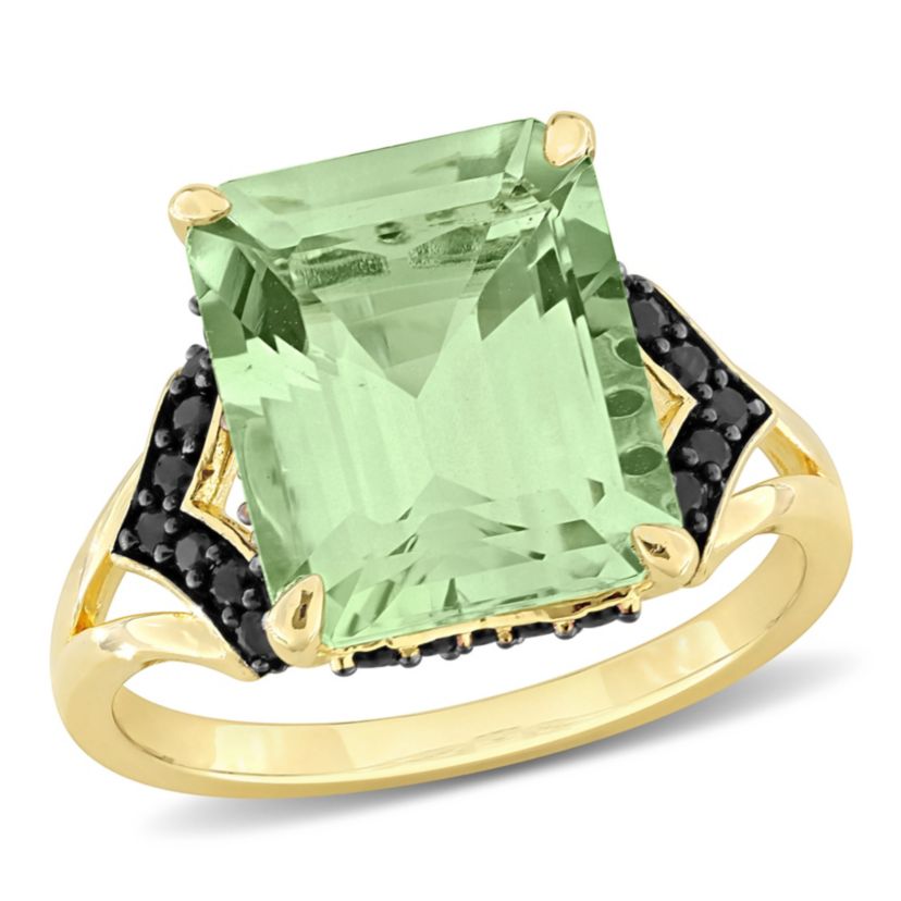 Green Quartz and Black Sapphire Cocktail Ring in Yellow Plated Sterling Silver Black Rhodium Plated