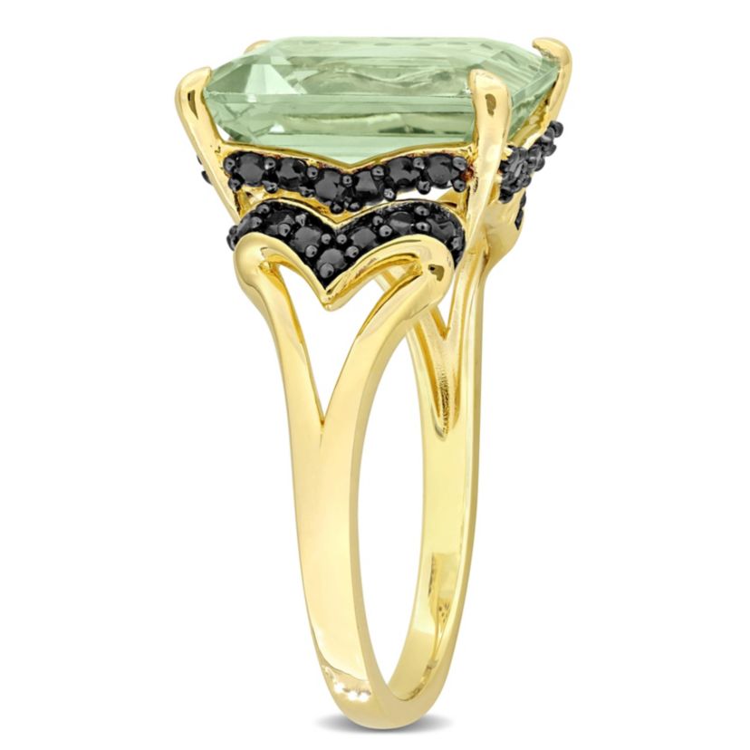 Green Quartz and Black Sapphire Cocktail Ring in Yellow Plated Sterling Silver Black Rhodium Plated