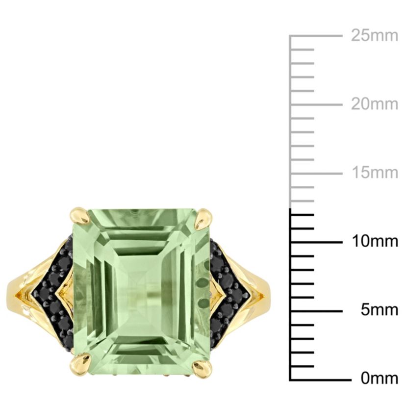 Green Quartz and Black Sapphire Cocktail Ring in Yellow Plated Sterling Silver Black Rhodium Plated