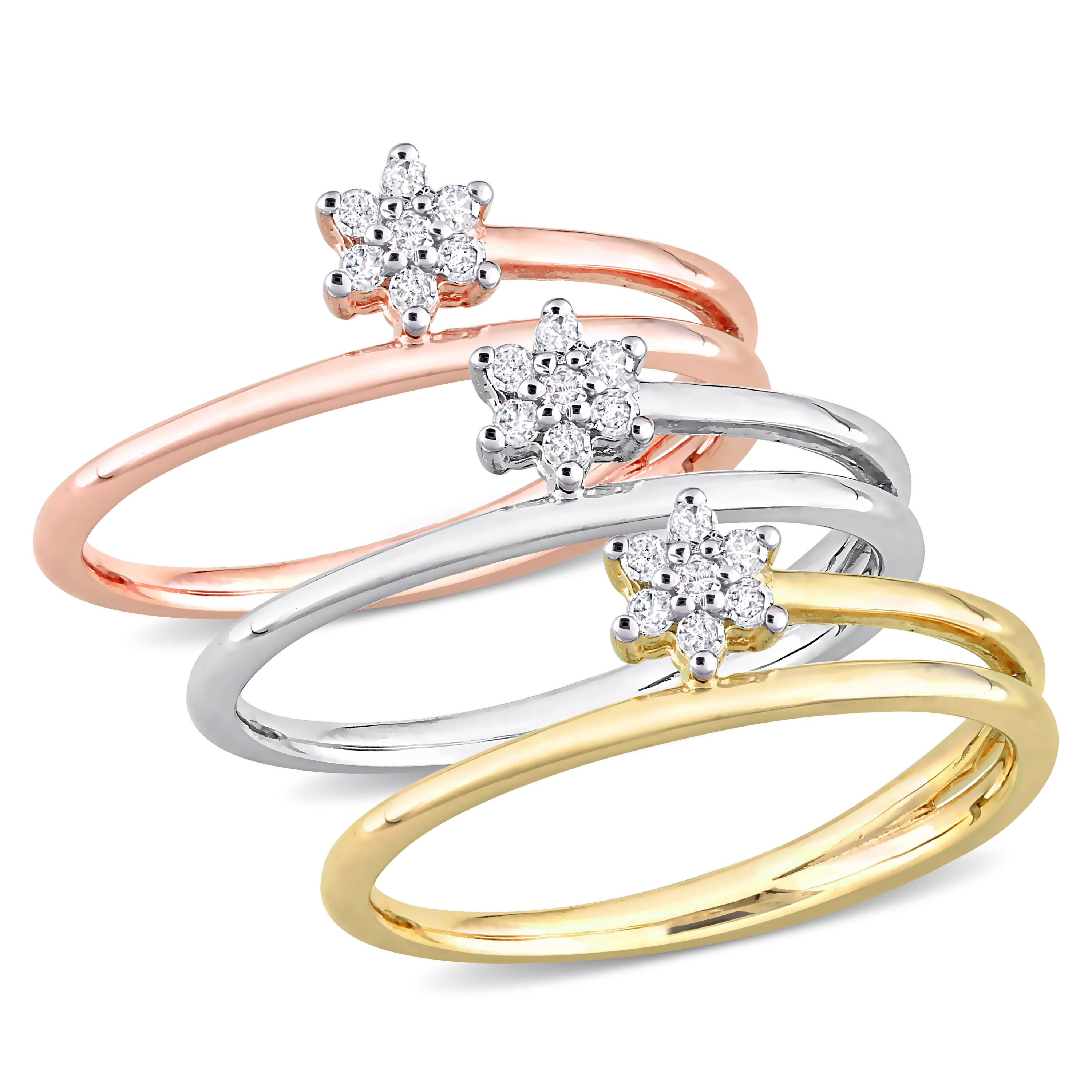 3-Piece Set of 1/5 ct. t.w. Diamond Accent Floral Promise Rings in 3-Tone Sterling Silver