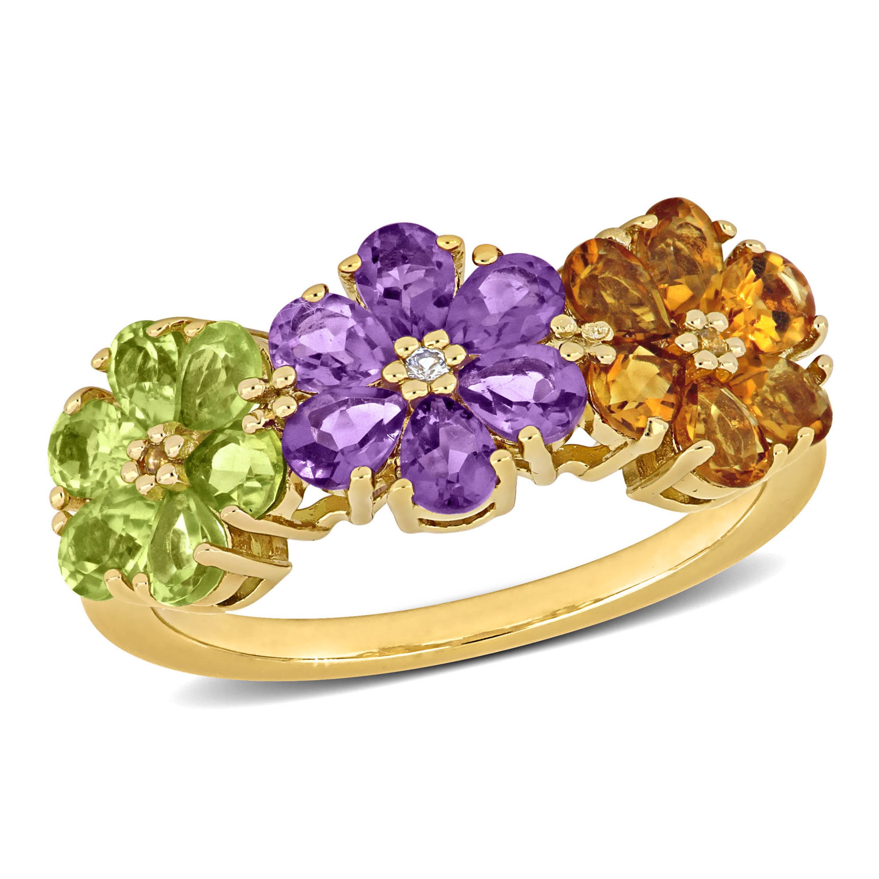Amethyst, Citrine, Peridot and White Topaz Floral Ring in Yellow Plated Sterling Silver