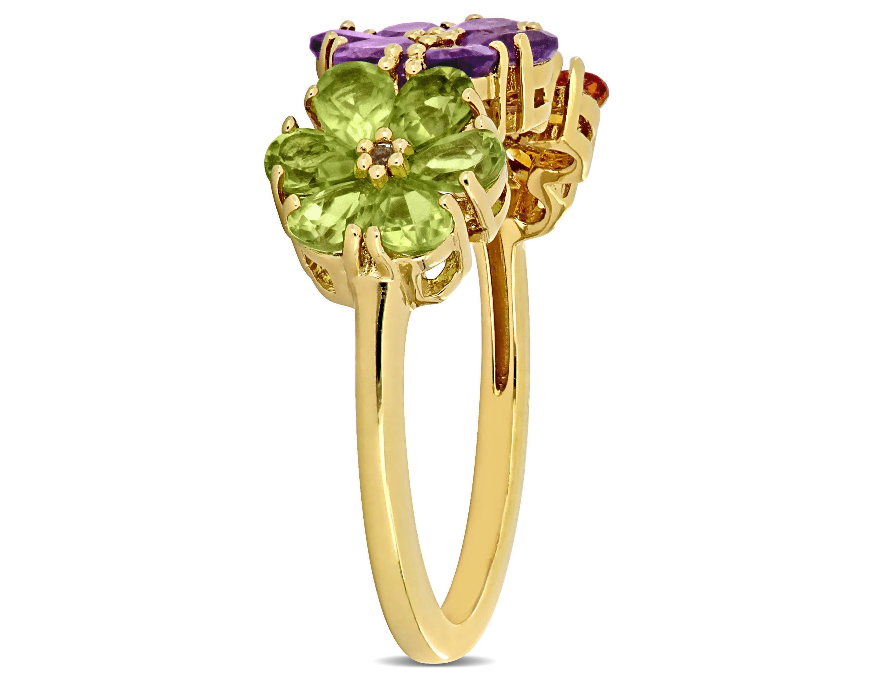 Amethyst, Citrine, Peridot and White Topaz Floral Ring in Yellow Plated Sterling Silver
