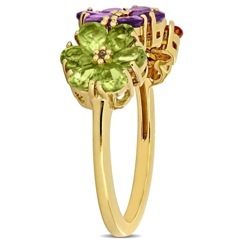 Amethyst, Citrine, Peridot and White Topaz Floral Ring in Yellow Plated Sterling Silver