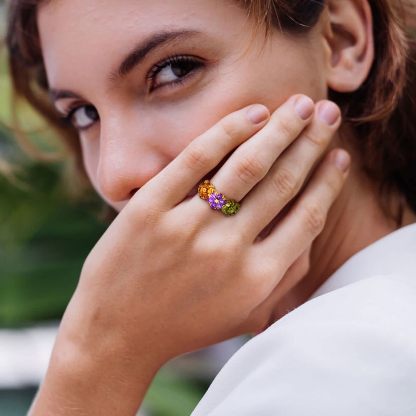 Amethyst, Citrine, Peridot and White Topaz Floral Ring in Yellow Plated Sterling Silver