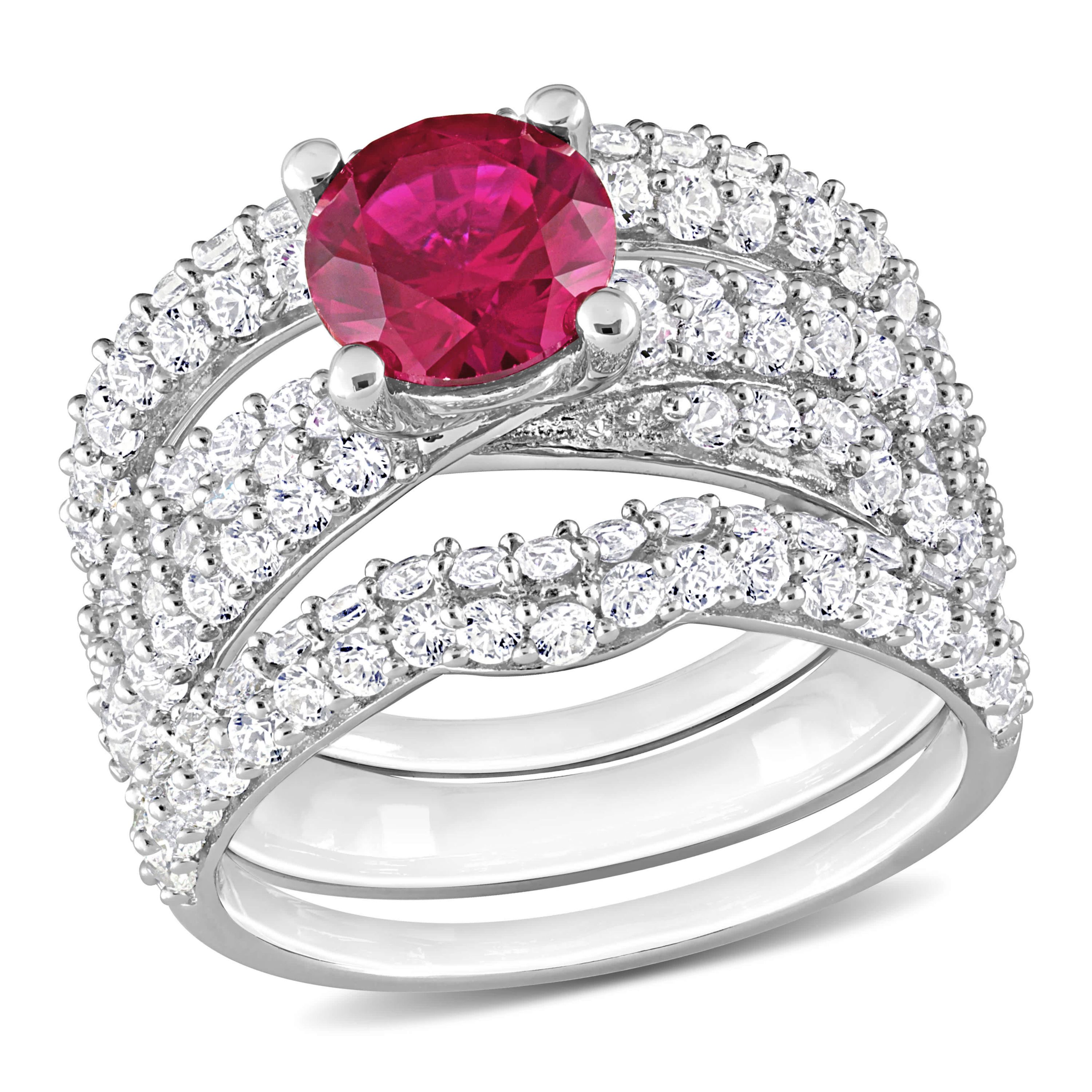 Lab Created Created Ruby and Created White Sapphire Bridal Ring Set in Sterling Silver
