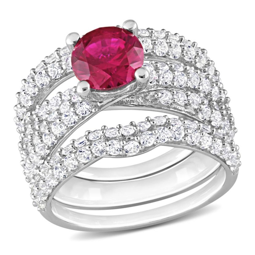 Lab Created Created Ruby and Created White Sapphire Bridal Ring Set in Sterling Silver