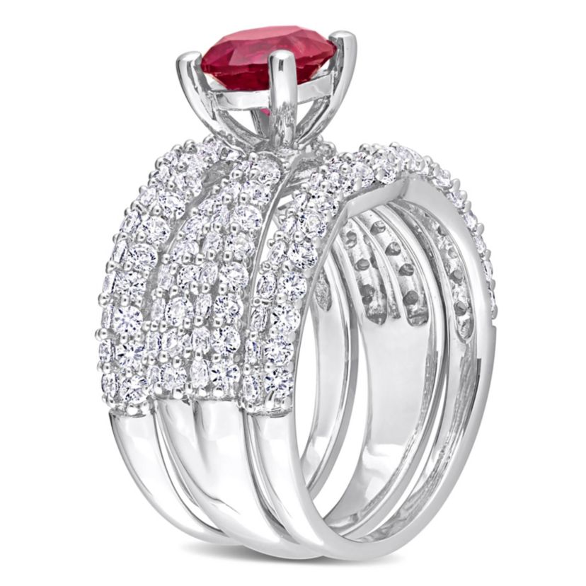 Lab Created Created Ruby and Created White Sapphire Bridal Ring Set in Sterling Silver