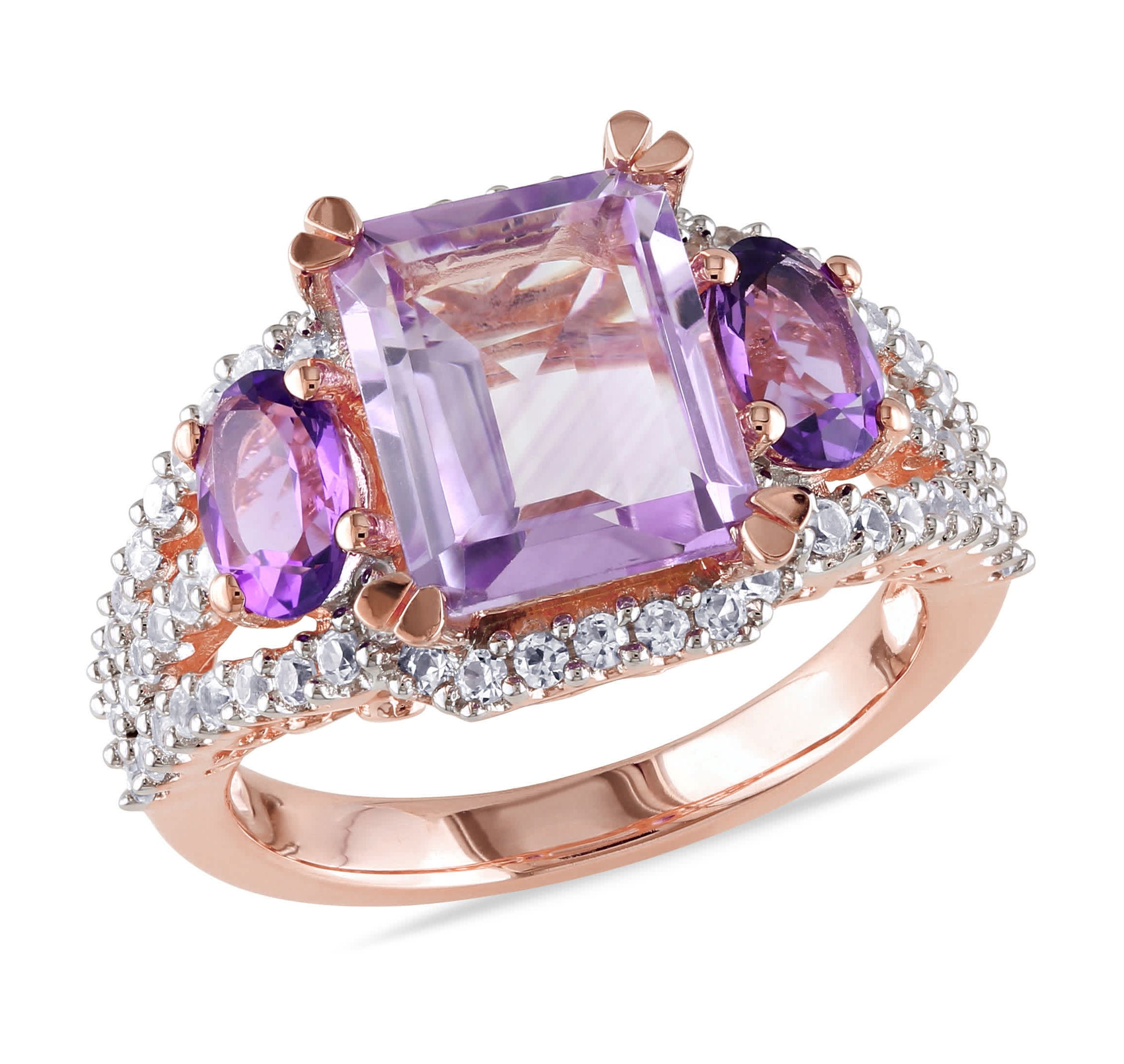 Lab Created Rose de France, Amethyst and Created White Sapphire 3-Stone Ring in Rose Plated Sterling Silver