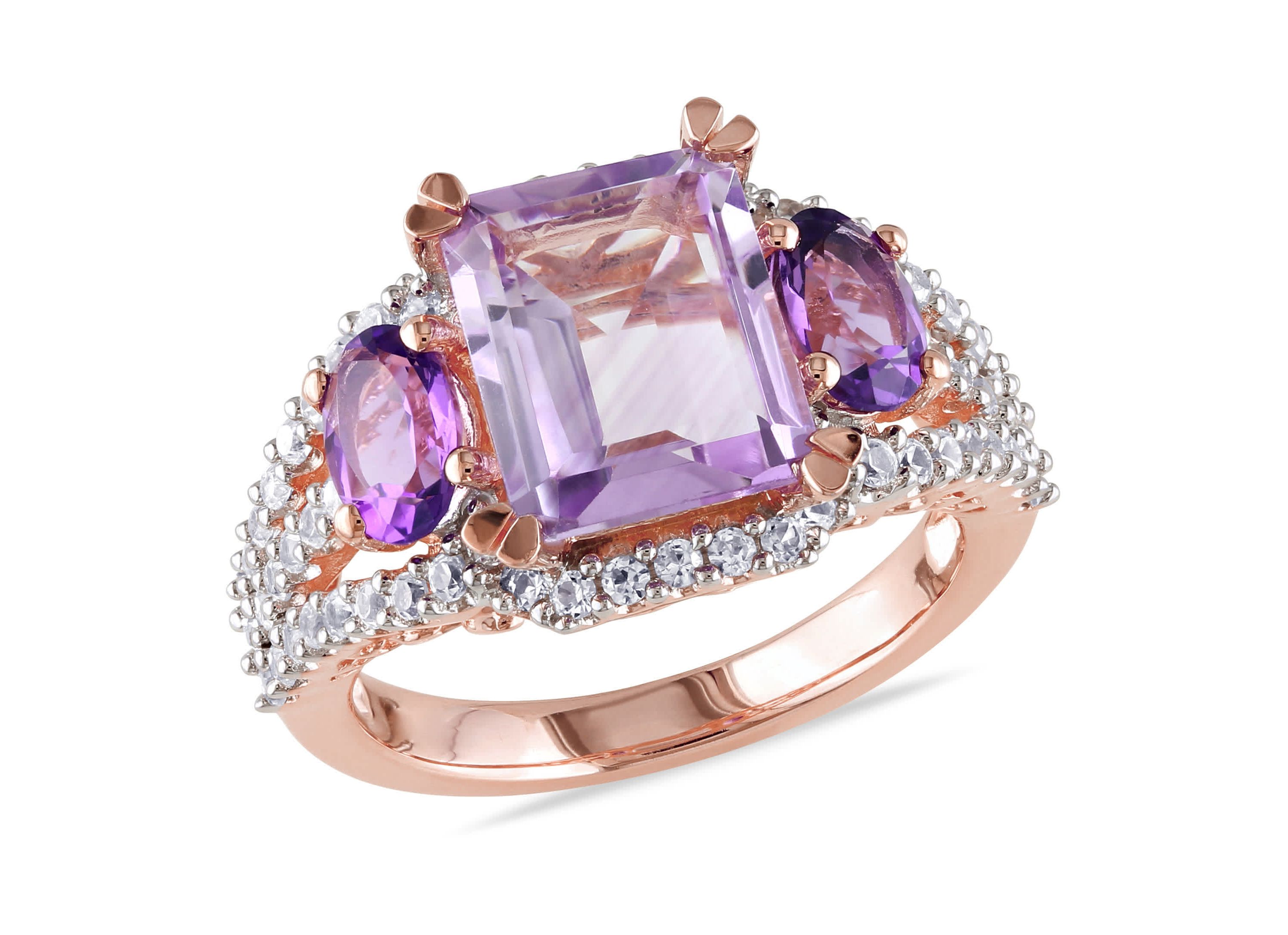 Lab Created Rose de France, Amethyst and Created White Sapphire 3-Stone Ring in Rose Plated Sterling Silver
