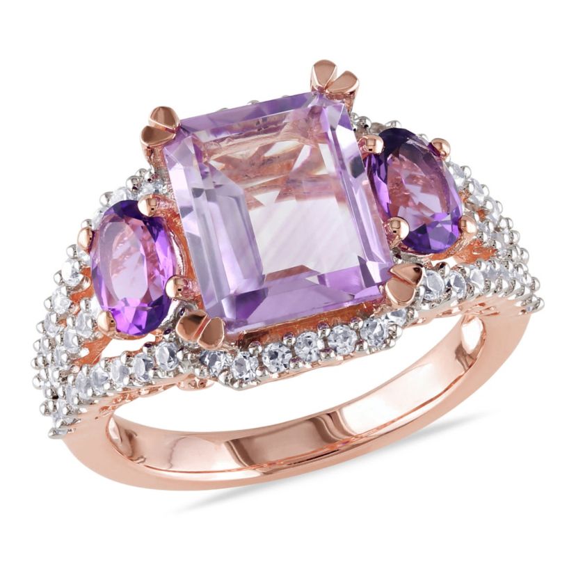 Lab Created Rose de France, Amethyst and Created White Sapphire 3-Stone Ring in Rose Plated Sterling Silver