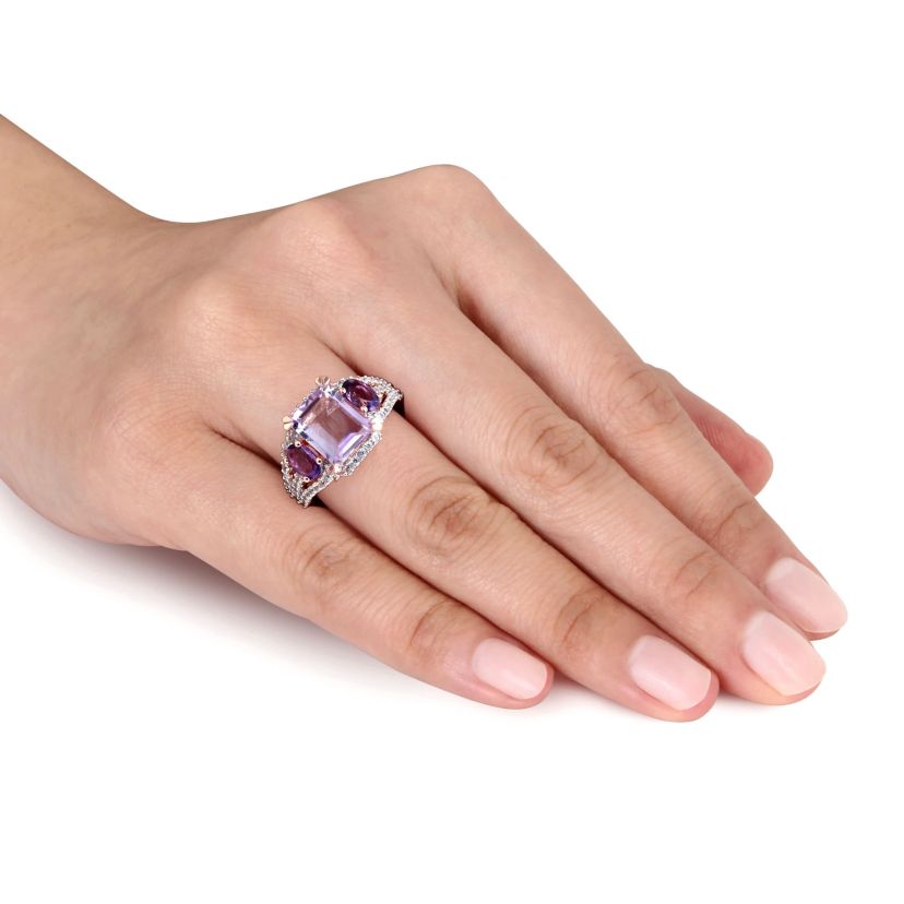 Lab Created Rose de France, Amethyst and Created White Sapphire 3-Stone Ring in Rose Plated Sterling Silver
