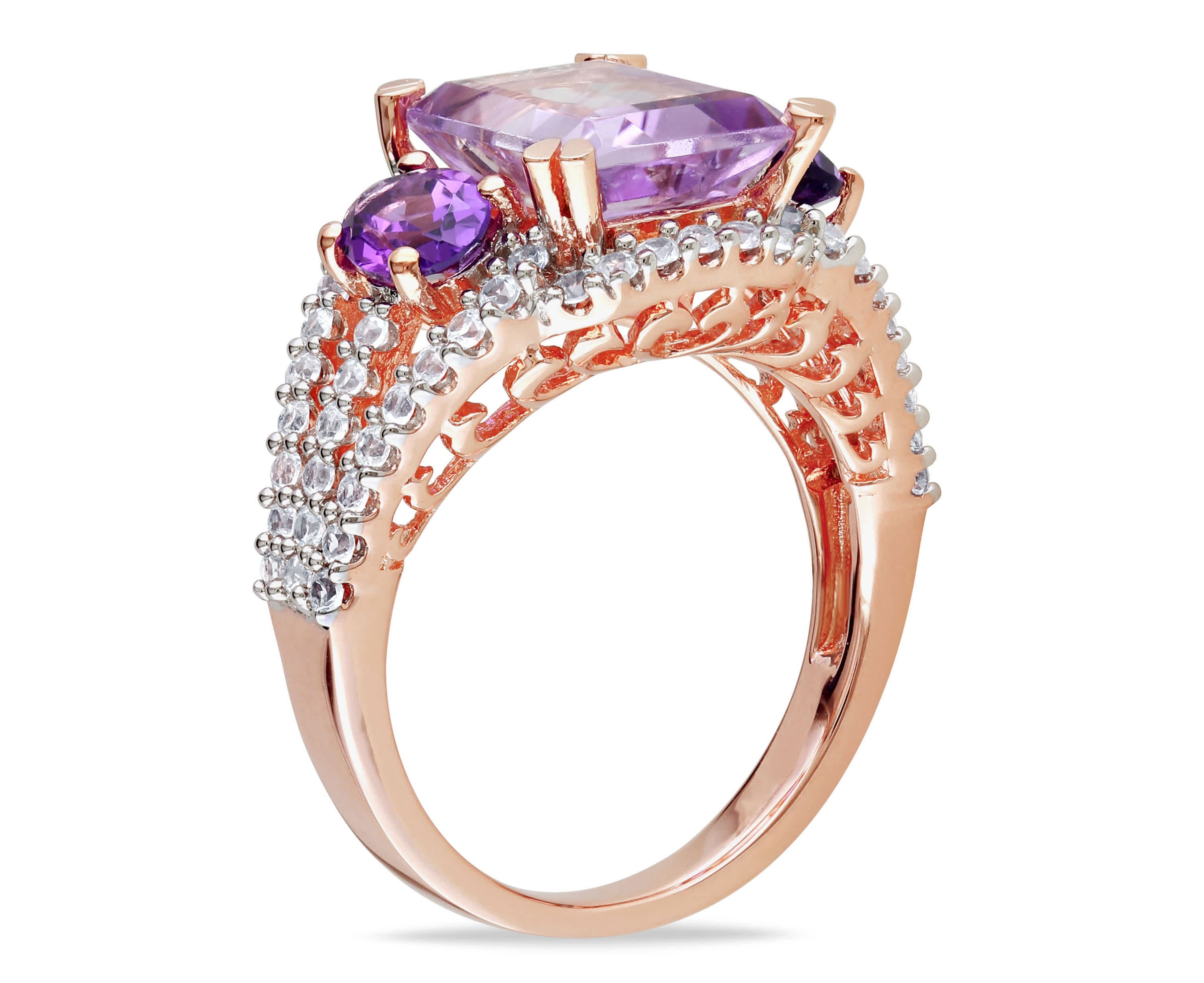 Lab Created Rose de France, Amethyst and Created White Sapphire 3-Stone Ring in Rose Plated Sterling Silver