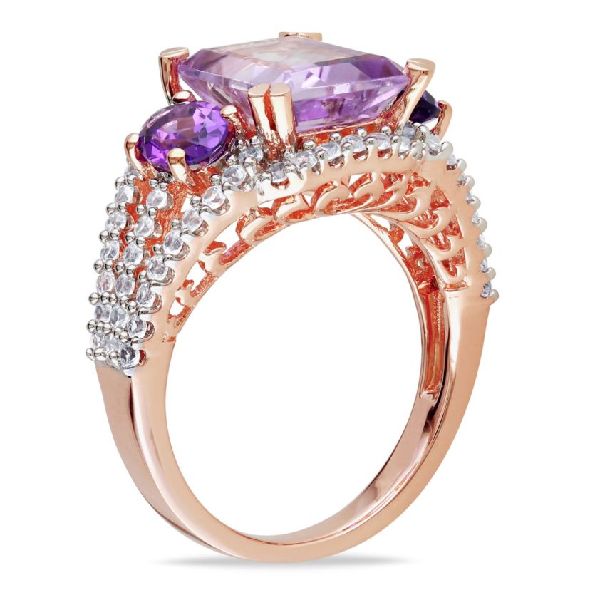 Lab Created Rose de France, Amethyst and Created White Sapphire 3-Stone Ring in Rose Plated Sterling Silver