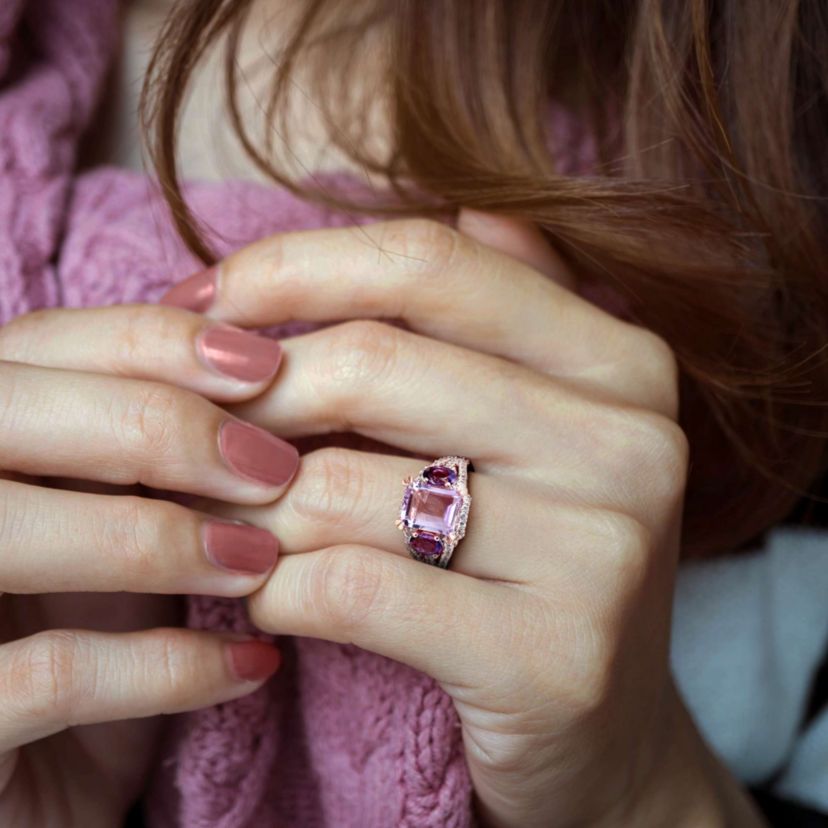 Lab Created Rose de France, Amethyst and Created White Sapphire 3-Stone Ring in Rose Plated Sterling Silver