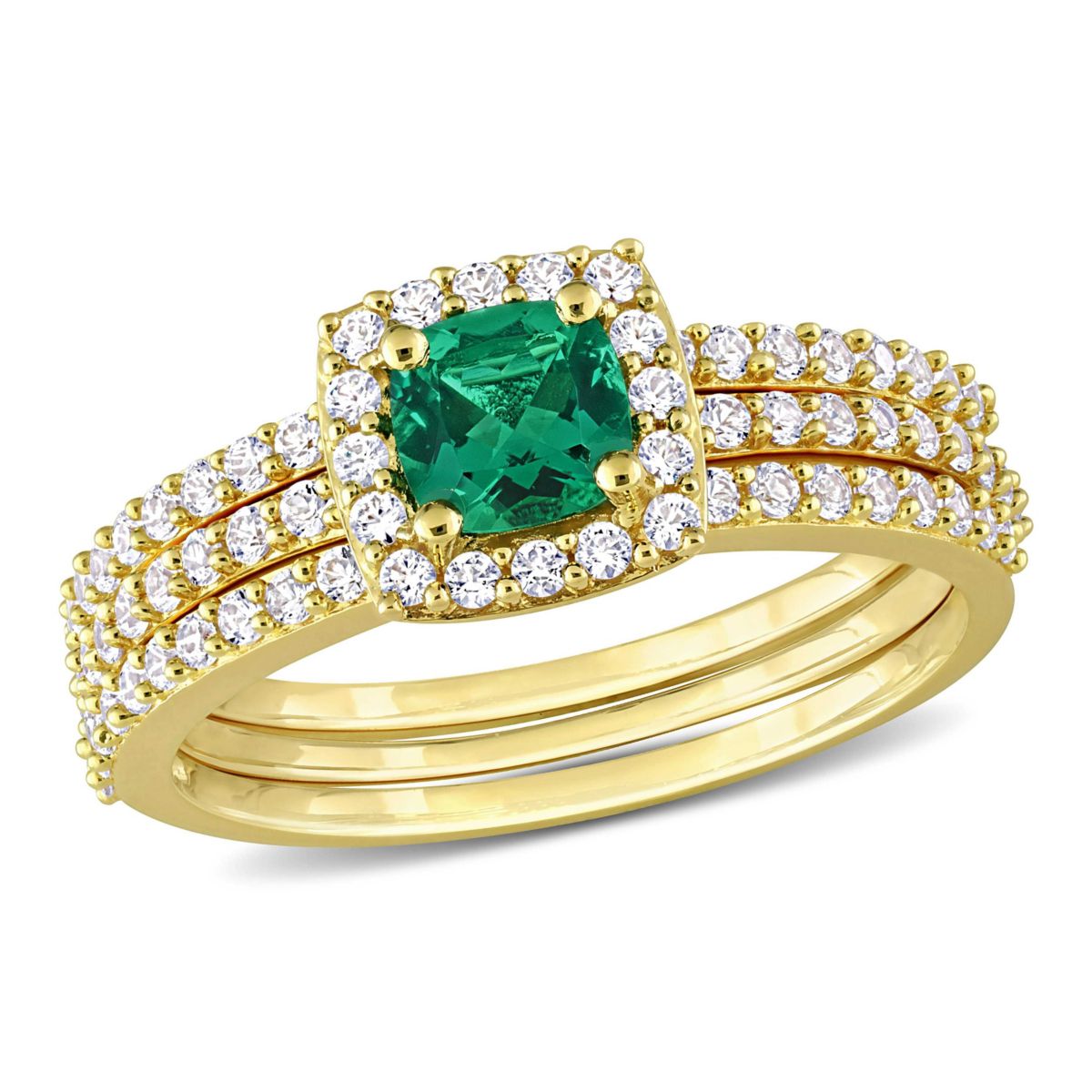 Lab Created Created Emerald and Created White Sapphire Bridal Ring Set in Yellow Plated Sterling Silver