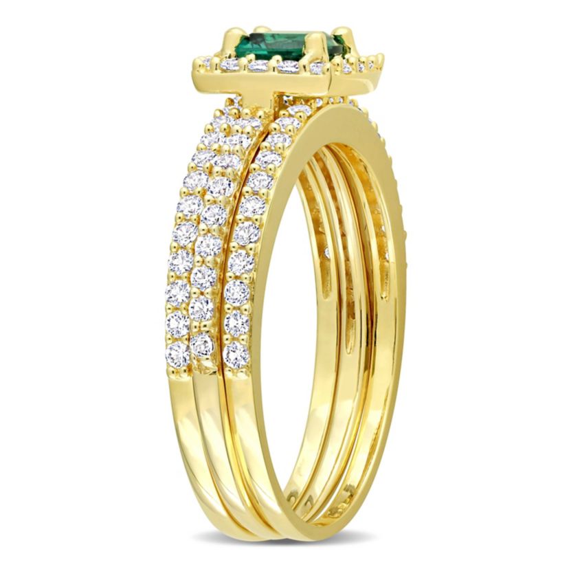 Lab Created Created Emerald and Created White Sapphire Bridal Ring Set in Yellow Plated Sterling Silver