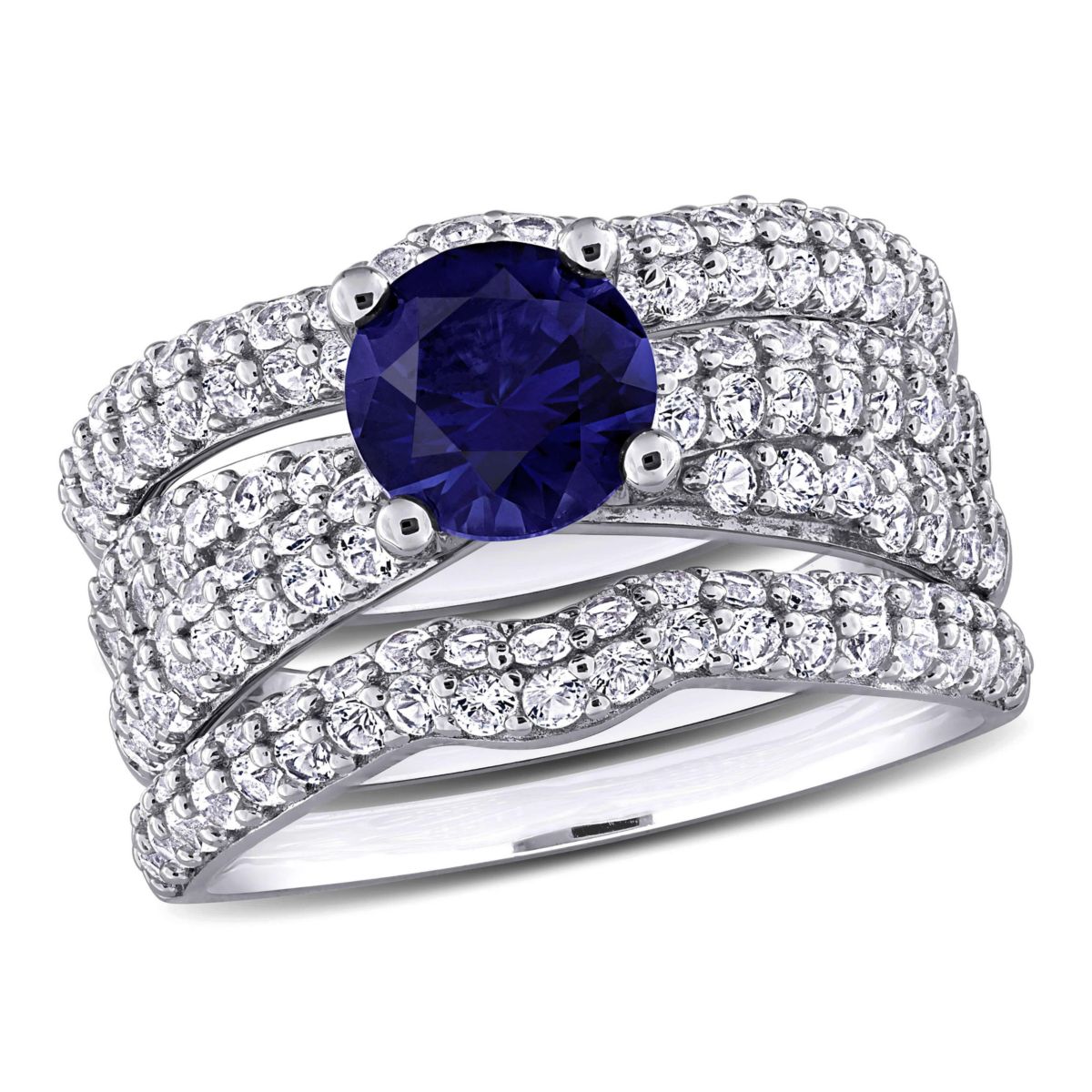 Lab Created Created Blue Sapphire and Created White Sapphire Bridal Ring Set in Sterling Silver
