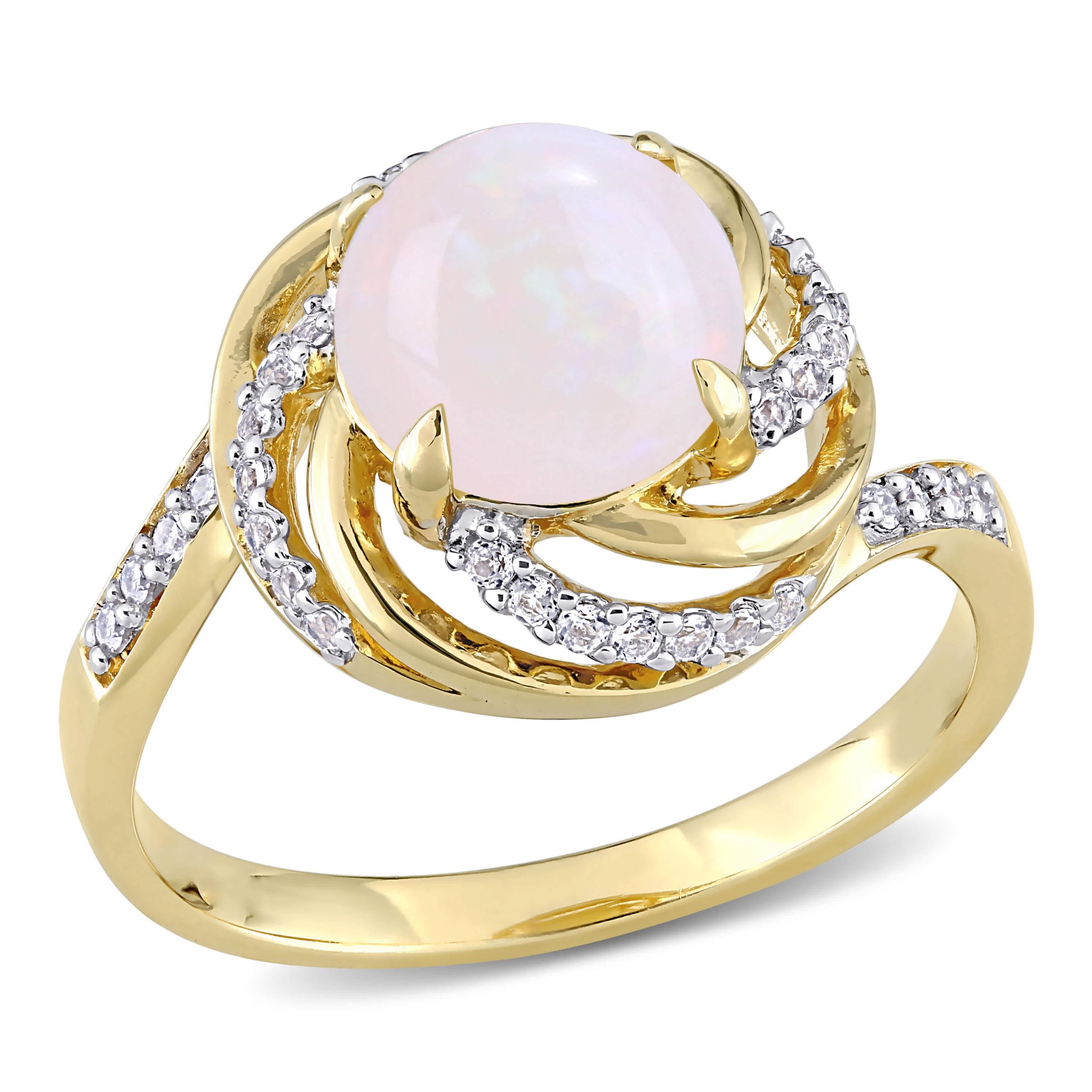 Opal and White Topaz with Diamond Accent Swirl Halo Ring in 2-Tone Sterling Silver