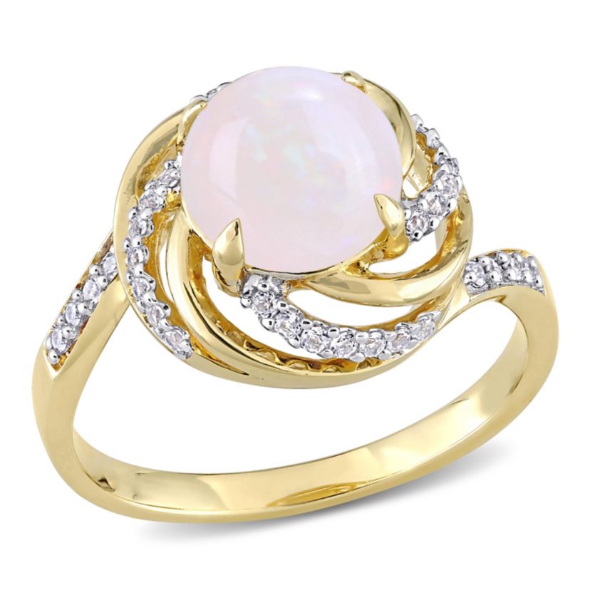 Opal and White Topaz with Diamond Accent Swirl Halo Ring in 2-Tone Sterling Silver