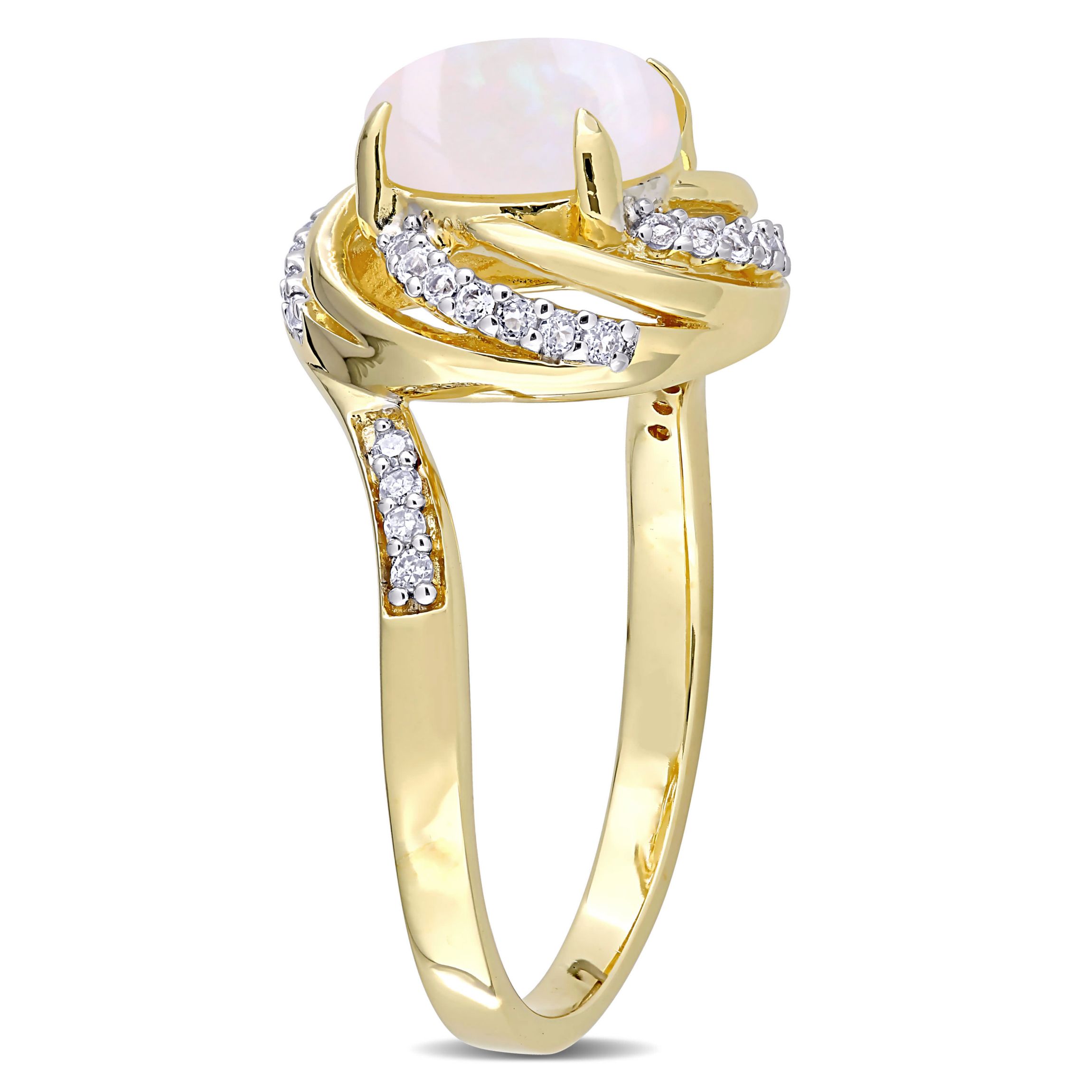 Opal and White Topaz with Diamond Accent Swirl Halo Ring in 2-Tone Sterling Silver