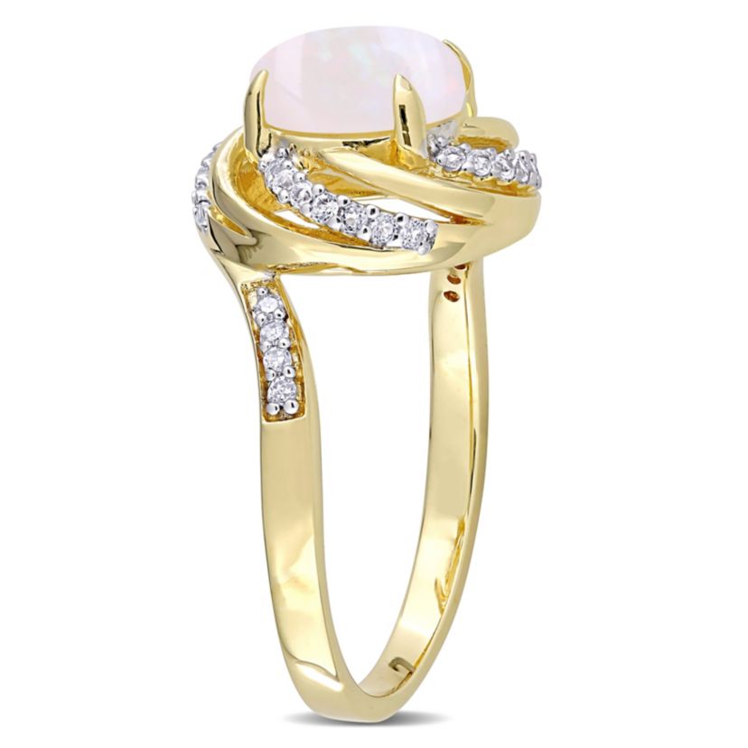 Opal and White Topaz with Diamond Accent Swirl Halo Ring in 2-Tone Sterling Silver