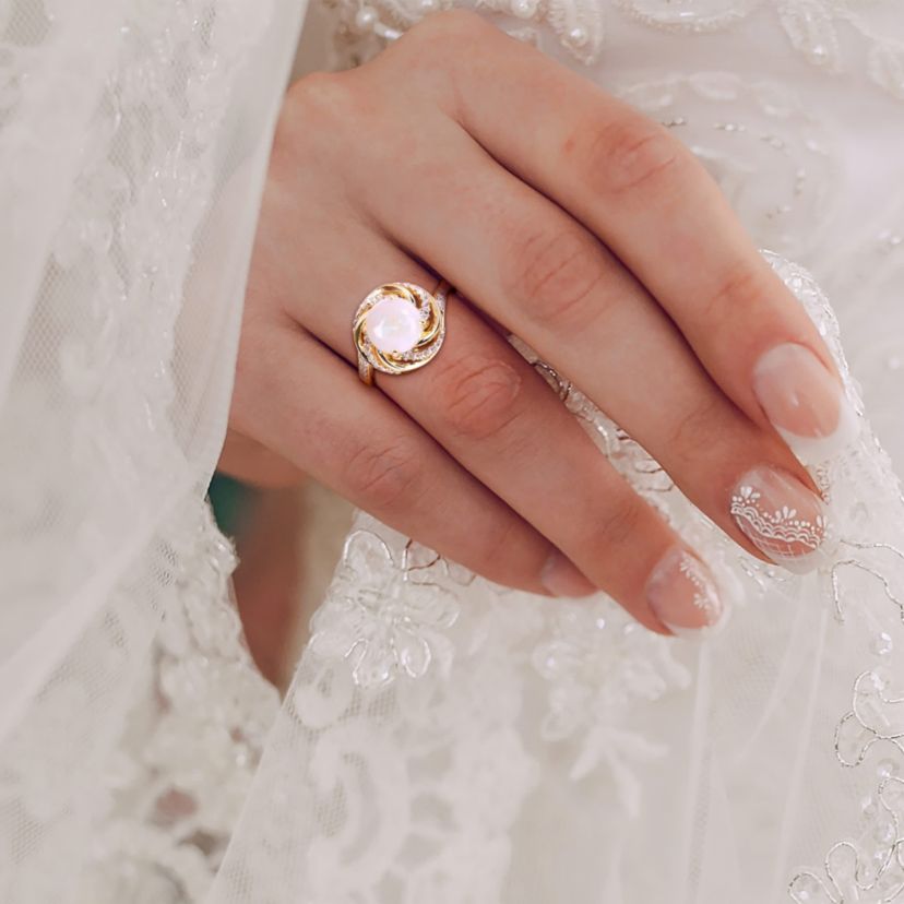 Opal and White Topaz with Diamond Accent Swirl Halo Ring in 2-Tone Sterling Silver