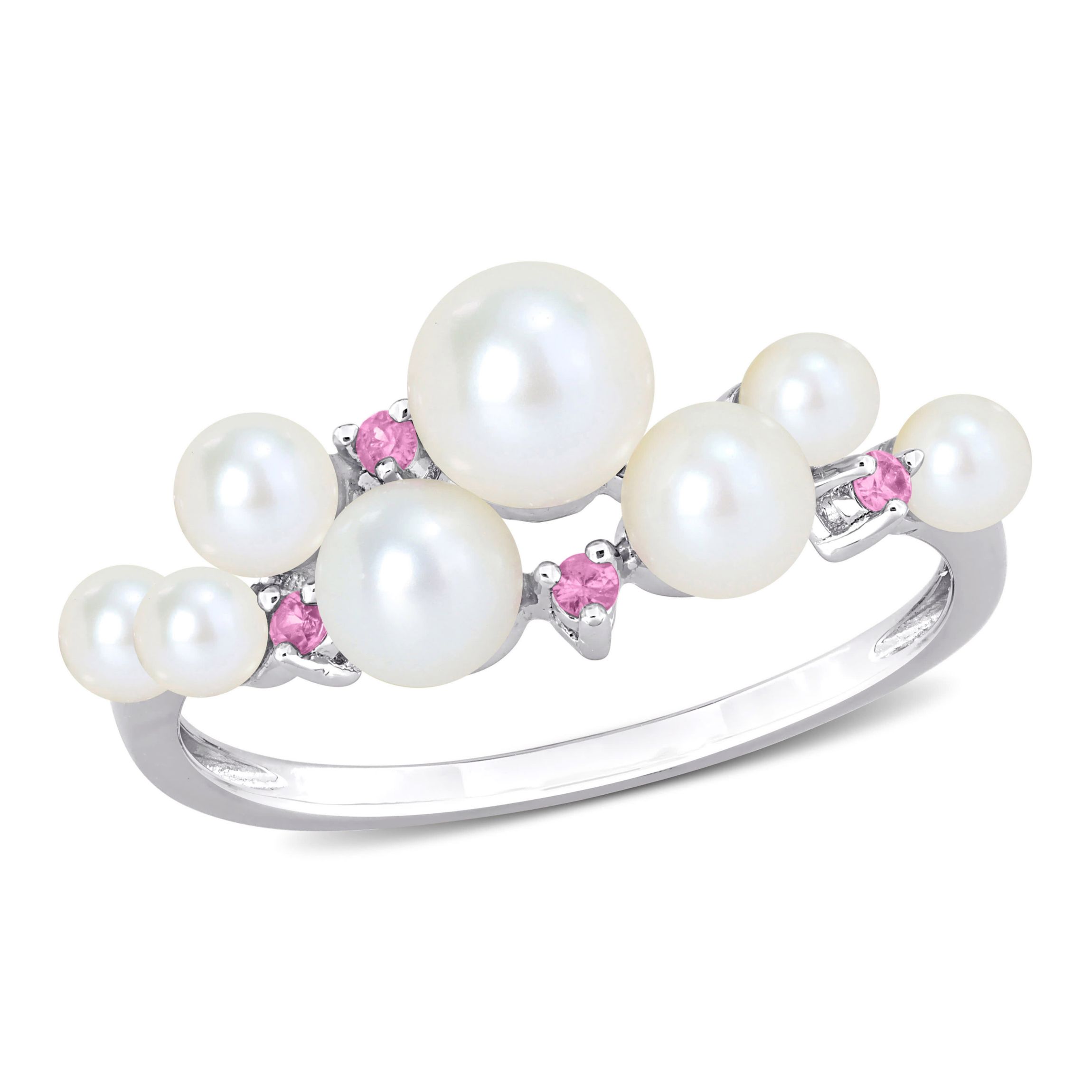 3-5.5mm Freshwater Cultured Pearl and Pink Sapphire Ring in Sterling Silver