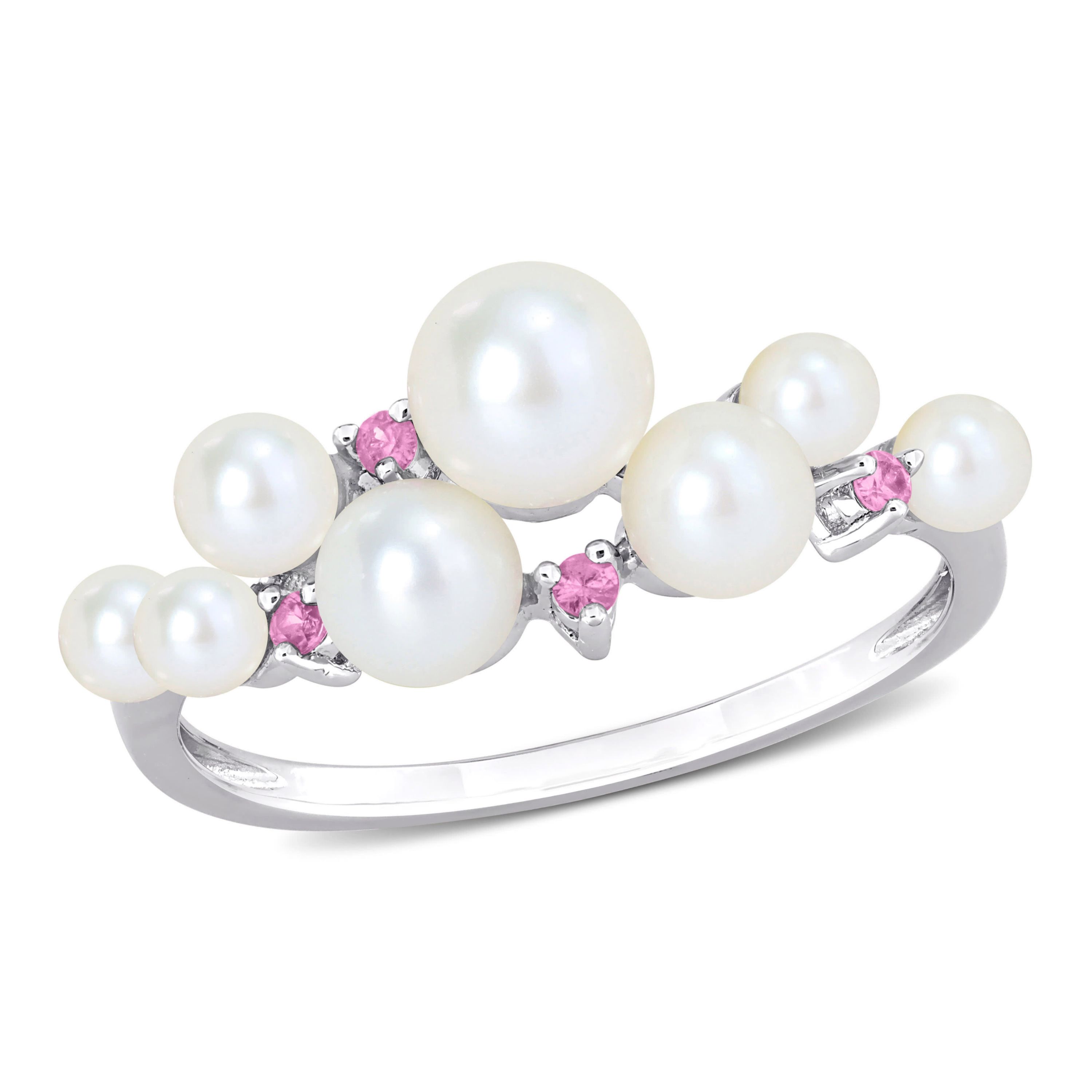 3-5.5mm Freshwater Cultured Pearl and Pink Sapphire Ring in Sterling Silver