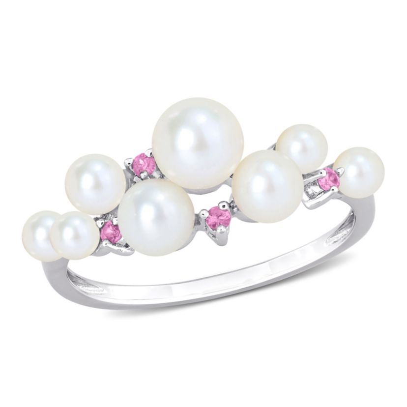 3-5.5mm Freshwater Cultured Pearl and Pink Sapphire Ring in Sterling Silver