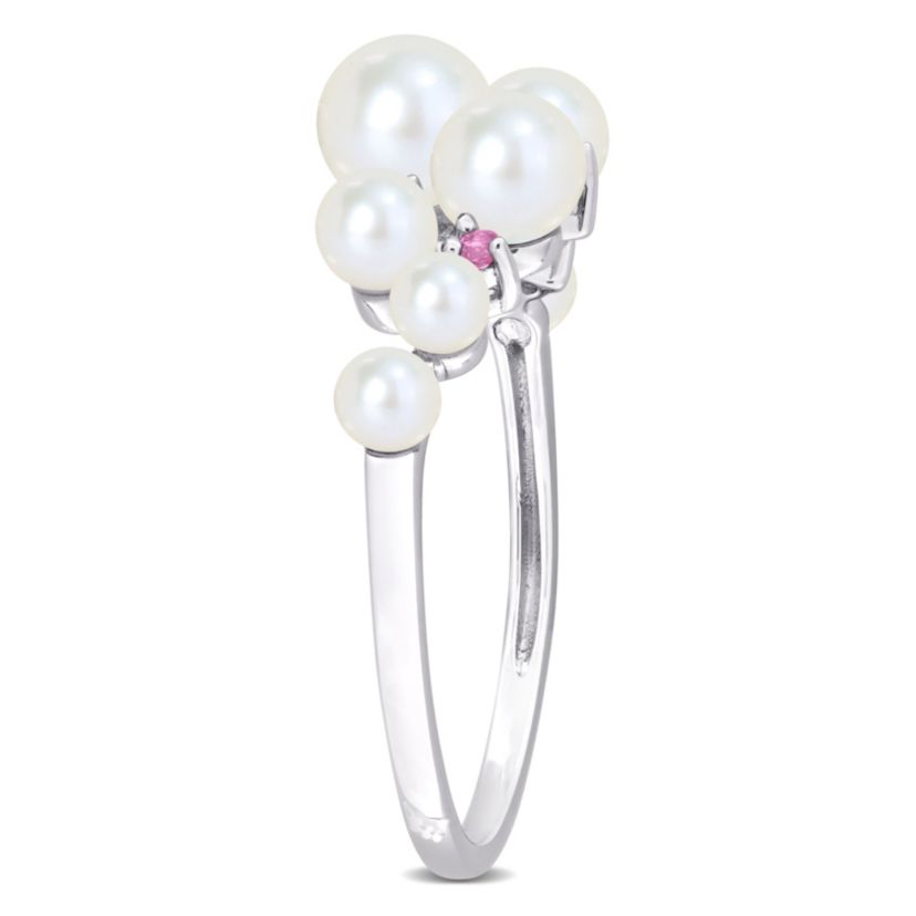 3-5.5mm Freshwater Cultured Pearl and Pink Sapphire Ring in Sterling Silver