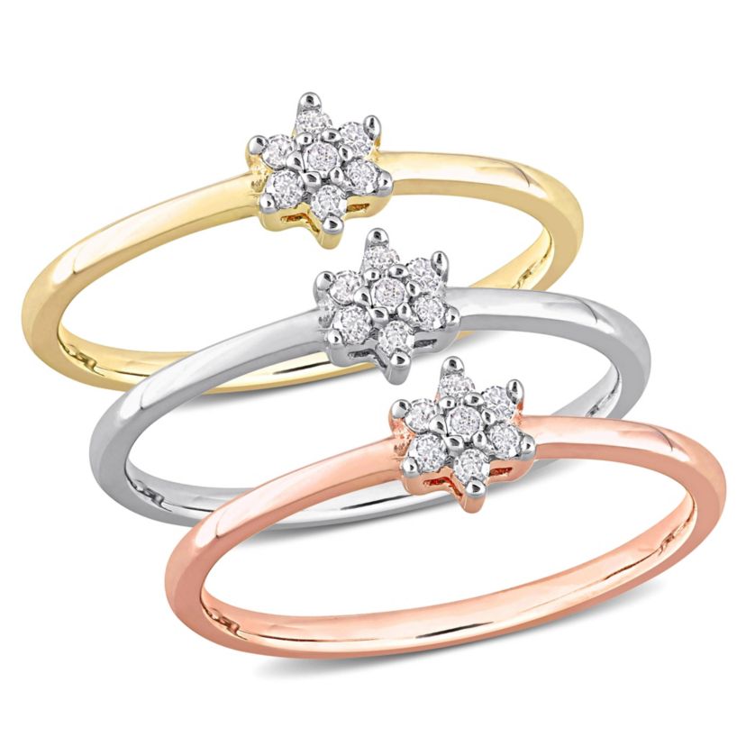 3-Piece Set of 1/5 ct. t.w. Diamond Accent Floral Promise Rings in 3-Tone Sterling Silver